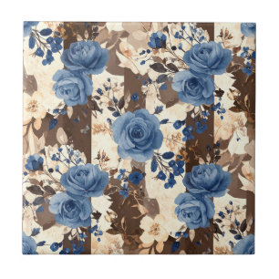 Blaue Vintage-Rosen auf braun-weißen Streifen Fliese
