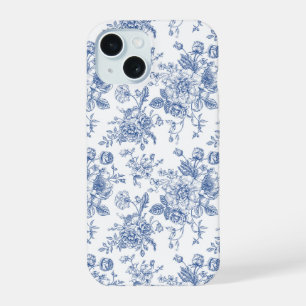 Blaue Vintage-Rosen-Blumenmuster iPhone 15 Hülle