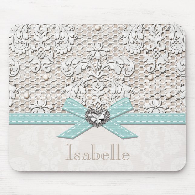Blaue Vintage Spitze und Perlen Mousepad (Vorne)