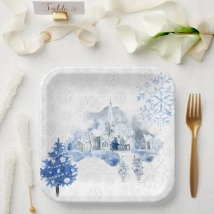 Blaue Vintage-Stadtmäuse-Collage Weihnachten Pappteller