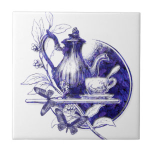 Blaue Vintage-Teekanne & Schmetterlinge Dekorflies Fliese