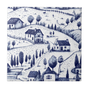 Blaue Vintage-Toile - Bäume ländliche Architektur Fliese