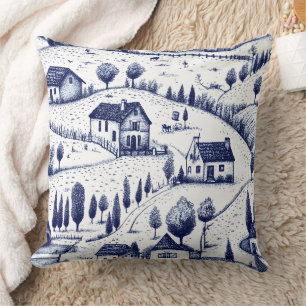 Blaue Vintage-Toile - Bäume ländliche Architektur Kissen