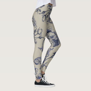 Blaue Vintage-Toile-Botanik-Blumenmuster im Antiks Leggings