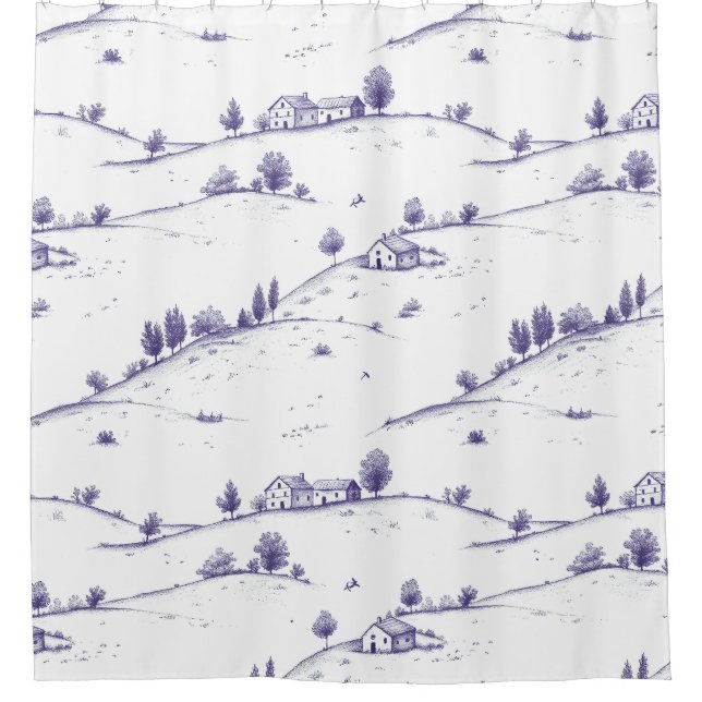 Blaue Vintage-Toile-Landschaft Duschvorhang (Vorderseite)