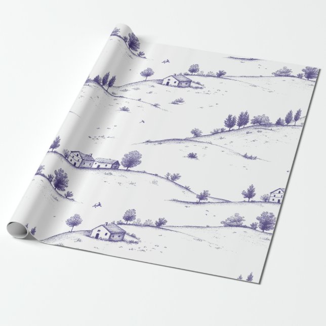 Blaue Vintage-Toile-Landschaft Geschenkpapier (Ungerollt)