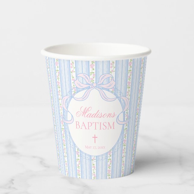 Blaue Vintage-verschlungene Blumen-Taufe Pappbecher (Vorderseite)