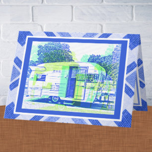 Blaue Vintage-Vibes-Camper-Anhänger-Vatertagskarte Karte