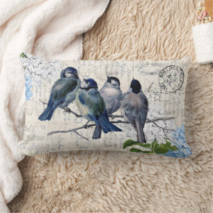 Blaue Vintage-Vögel Blumen Italienisches Rückenkis Lendenkissen