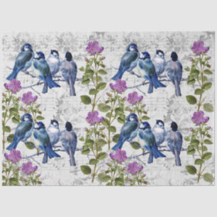 Blaue Vintage-Vögel, lila Blumen, graue Musik Seidenpapier