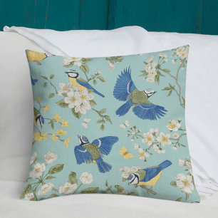 Blaue Vintage-Vögel und Blumen Kissen