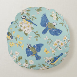 Blaue Vintage-Vögel und -Blumen Rundes Kissen