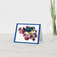 Blaue Vintage-Vogel- und Blumenkarte