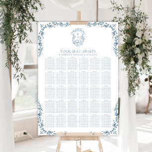 Blaue Vintage-Wappen-Hochzeit 30-Tisch-Sitzordnung Poster