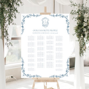Blaue Vintage-Wappen-Hochzeits-Alphabet-Sitzordnun Poster