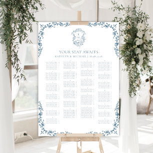 Blaue Vintage-Wappen-Hochzeitsalphabet-Sitzordnung Poster