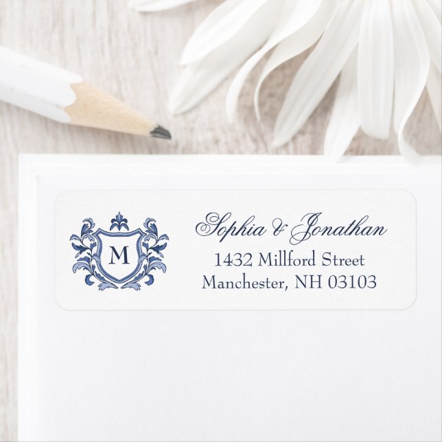 Blaue Vintage-Wappen-Monogramm-Hochzeit (Insitu)