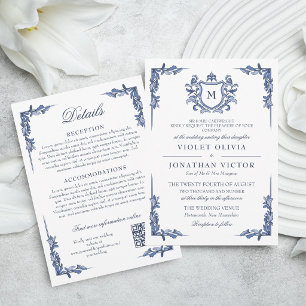 Blaue Vintage-Wappen-Monogramm-Hochzeit mit Detail Einladung