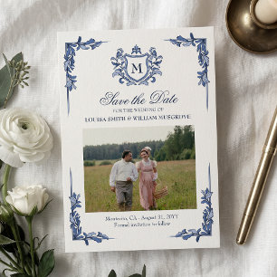 Blaue Vintage-Wappen-Monogramm-Hochzeit Save The Date