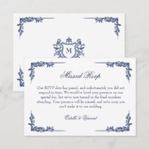 Blaue Vintage-Wappen-Monogramm-Höfliche verpasste RSVP Karte