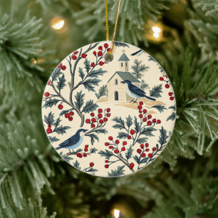 Blaue Vintage-Weihnachts-Christmascreme-Rot Keramik Ornament