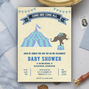 Blaue Vintage-Zirkus-Baby-Party Einladung