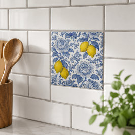 Blaue Vintage-Zitronen-Botanik-Muster Fliese