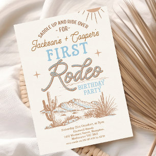 Blaue Vintage-Zwillinge Jungen Erster Rodeo 1. Geb Einladung