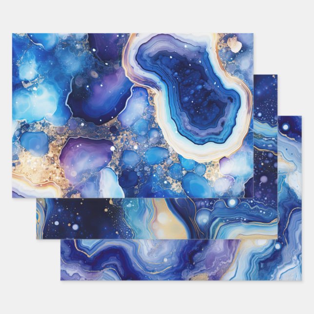 Blaue Violette Geode Abstract mit Goldmineral Geschenkpapier Set (Set)