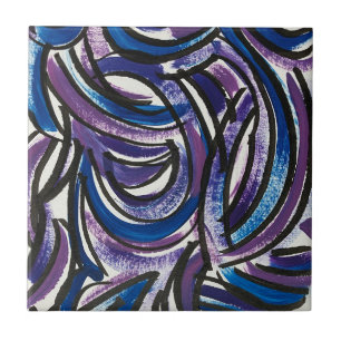 Blaue violette Pinselstriche - handgemalte Abstrak Fliese