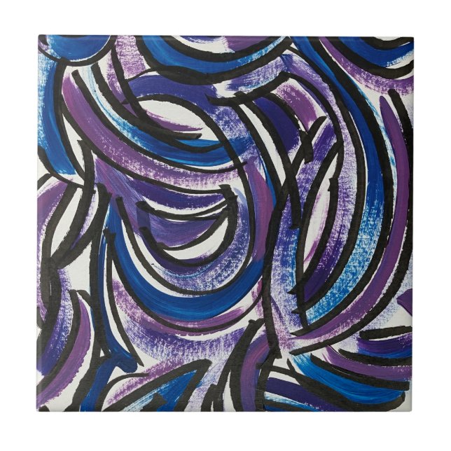 Blaue violette Pinselstriche - handgemalte Abstrak Fliese (Vorderseite)
