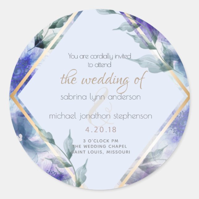 Blaue Violette Translucent Floral Runder Aufkleber (Vorderseite)