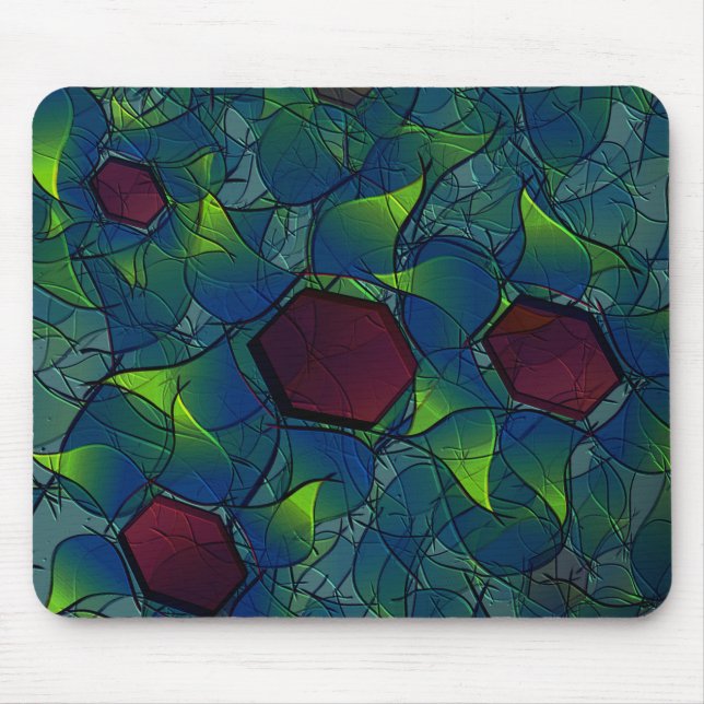Blaue, virtuelle Blütenblätter, Blätter und rote H Mousepad (Vorne)