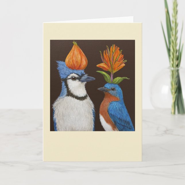 Blaue Vögel auf der Orange Hat Night Card Karte (Vorderseite)