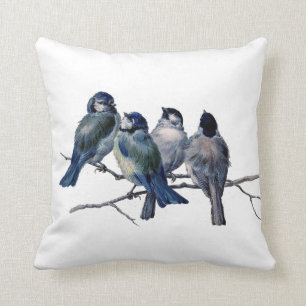 Blaue Vögel auf einem Ast Wurfkissen im Vintage-St Kissen