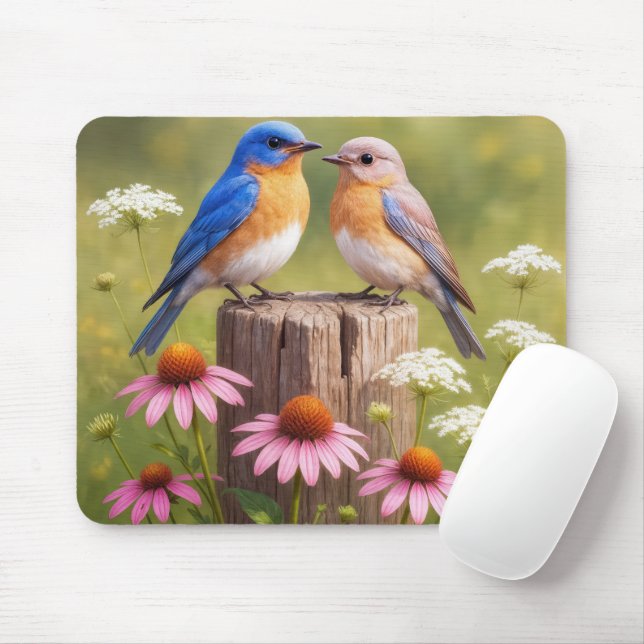 Blaue Vögel auf einem Zaunpfosten Mousepad (Mit Mouse)