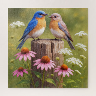 Blaue Vögel auf einem Zaunpfosten Puzzle