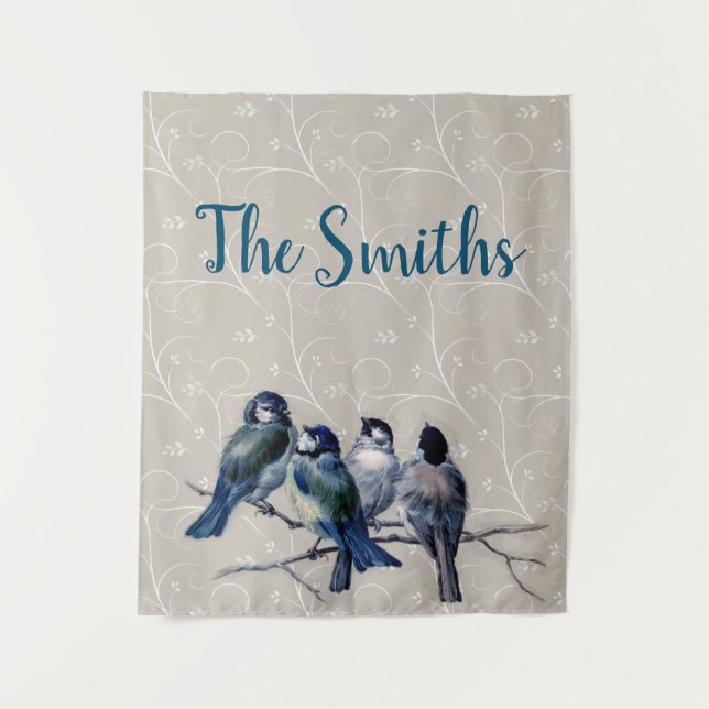 Blaue Vögel auf einer Zweigstelle Wandteppich (Vorderseite)