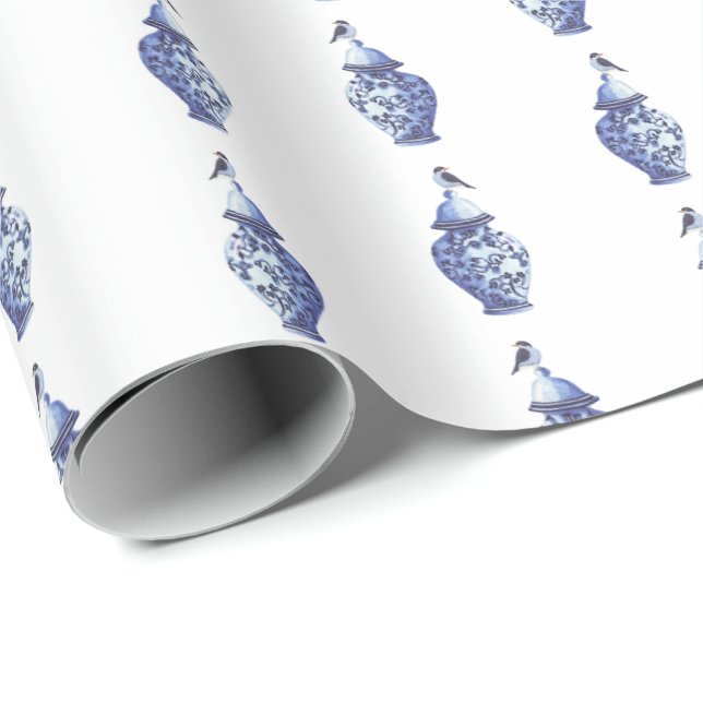 Blaue Vögel auf Ingwertopf-Wrap-Papier Geschenkpapier (Rolleneckpunkt)