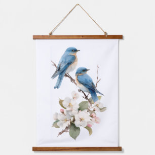 Blaue Vögel auf Kirschblüten Wandteppich Mit Holzrahmen