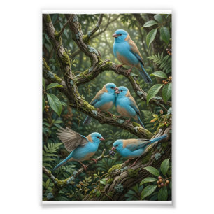 Blaue Vögel auf üppigen Waldbaum Botanische Tierwe Fotodruck