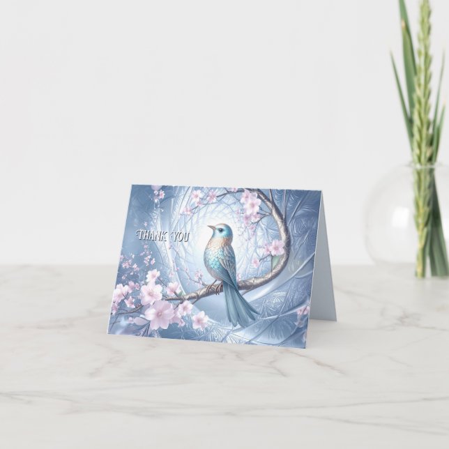 Blaue Vogel-Blumen-Dankeskarten Dankeskarte (Vorderseite)
