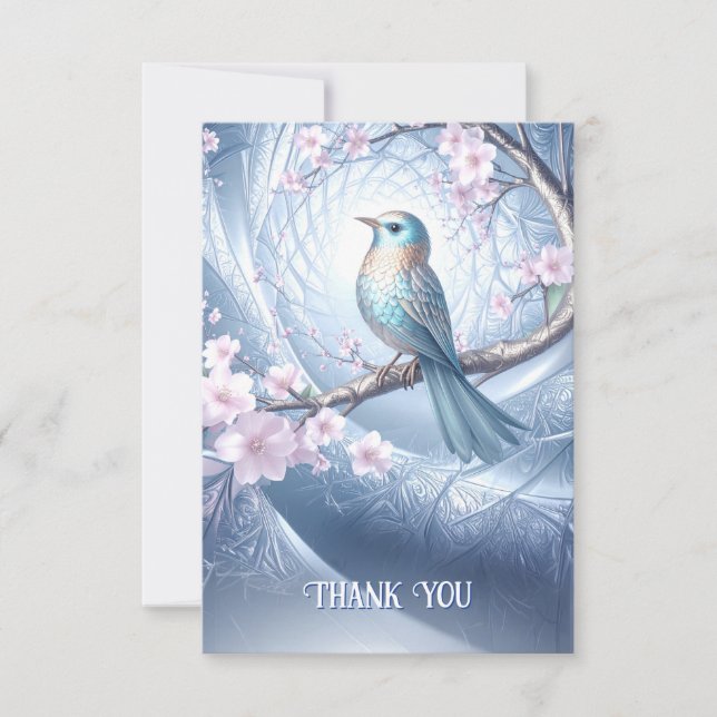 Blaue Vogel-Blumen-Dankeskarten Dankeskarte (Vorderseite)