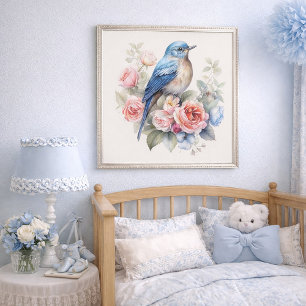 Blaue Vogel-Blumen-Kunst für die Heimdekoration Poster