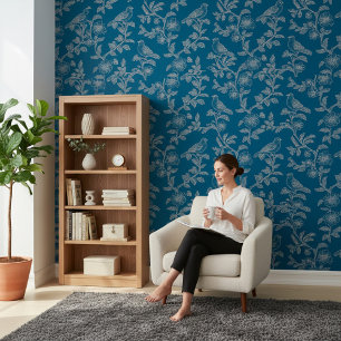 Blaue Vogel-Blumen-Linienkunst Tapete