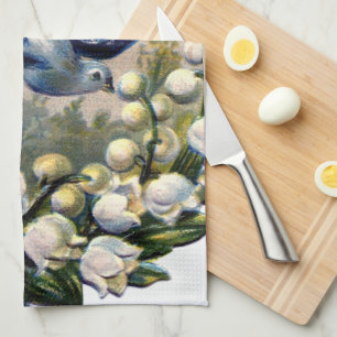 blaue Vögel Blumen Maiglöckchen Vintage Handtuch
