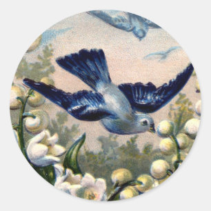 blaue Vögel Blumen Maiglöckchen Vintage Runder Aufkleber