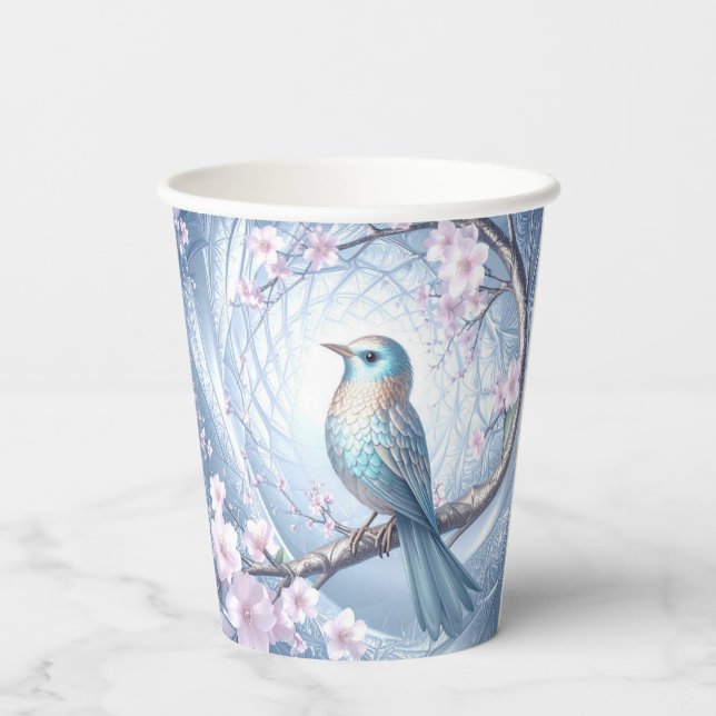 Blaue Vogel-Blumen-Papierbecher Pappbecher (Rückseite)
