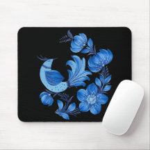 Blaue Vogel- & Blumen-Volks kunst-Mauspad auf Schw