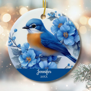 Blaue Vogel-Blumen-Weihnachten Nordamerikanischer  Keramik Ornament